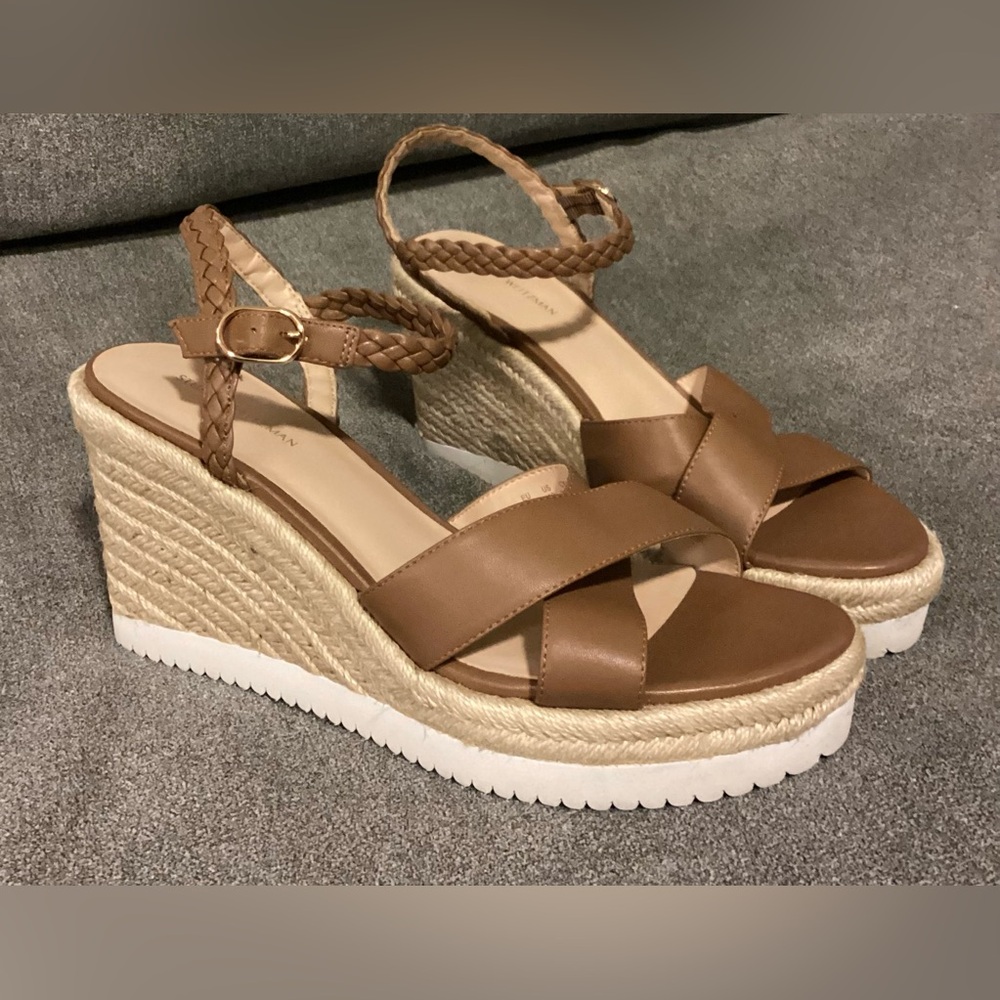 New Stuart Weitzman Mykonos Leather Espadrille Wedge Sandals Camel/Brown Size 10 - Picture 6 of 8